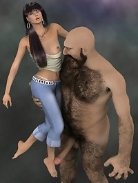 Brutal haired male seducing barefoot girl in jeans